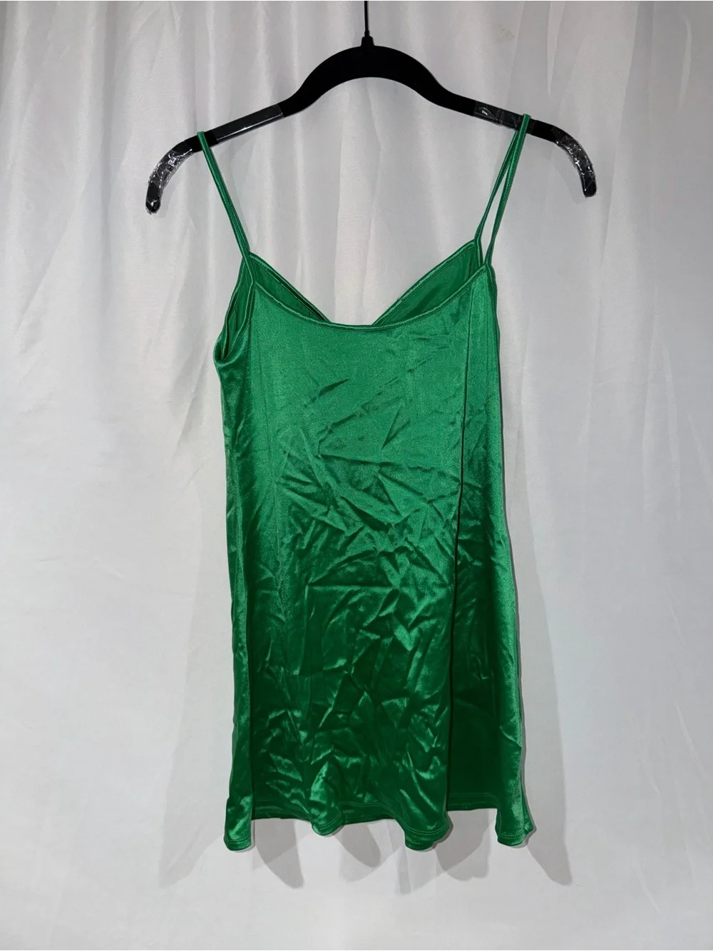 Victoria’s Secret Emerald Dress Green Satin Slip V Neck Ruched Mini Made USA S